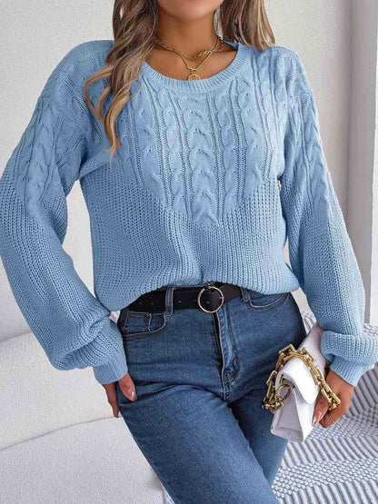 Cable-Knit Round Neck Drop Shoulder Sweater - Vesteeto