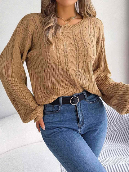 Cable-Knit Round Neck Drop Shoulder Sweater - Vesteeto