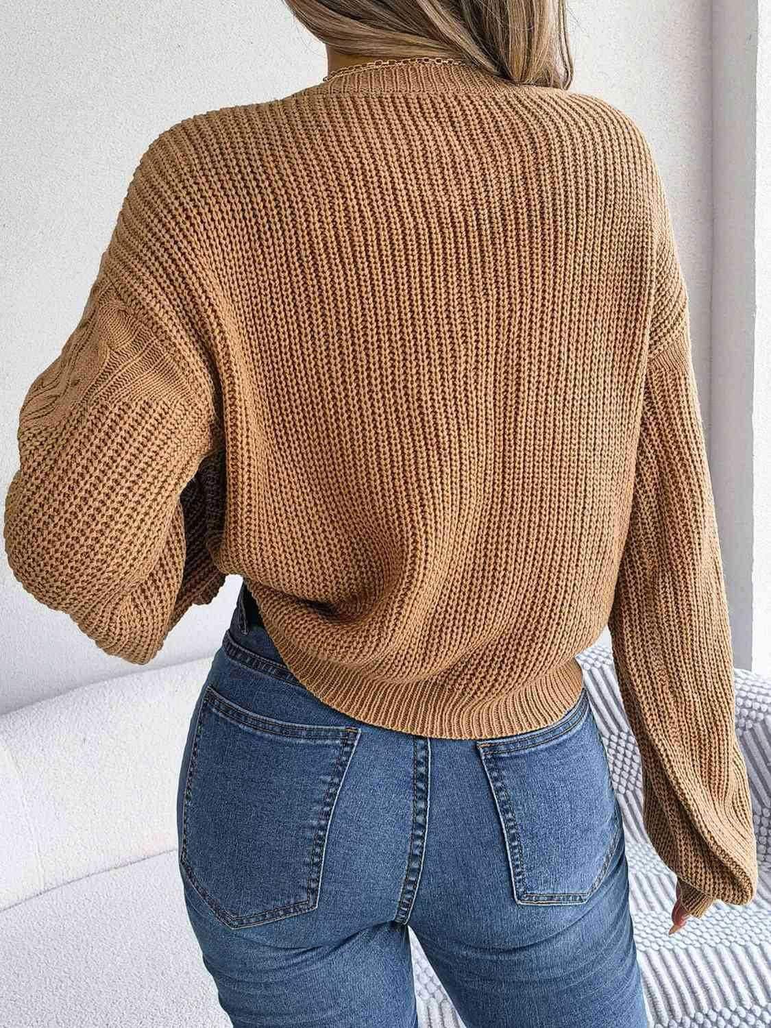 Cable-Knit Round Neck Drop Shoulder Sweater - Vesteeto