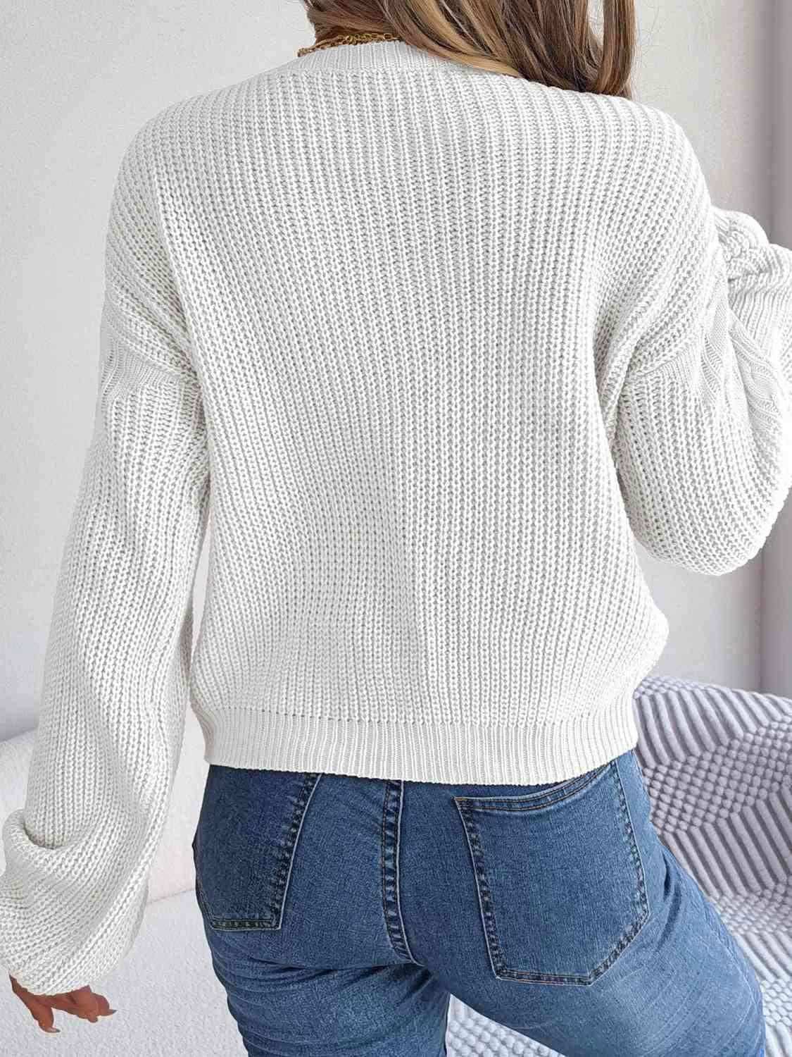 Cable-Knit Round Neck Drop Shoulder Sweater - Vesteeto