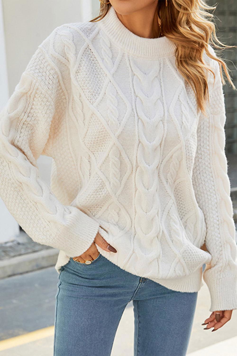 Cable-Knit Round Neck Long Sleeve Sweater - Vesteeto