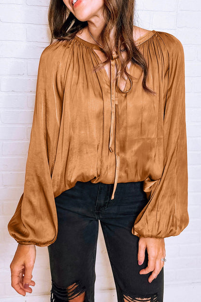 Camel V Neck Pleated Lantern Sleeve Blouse - Vesteeto