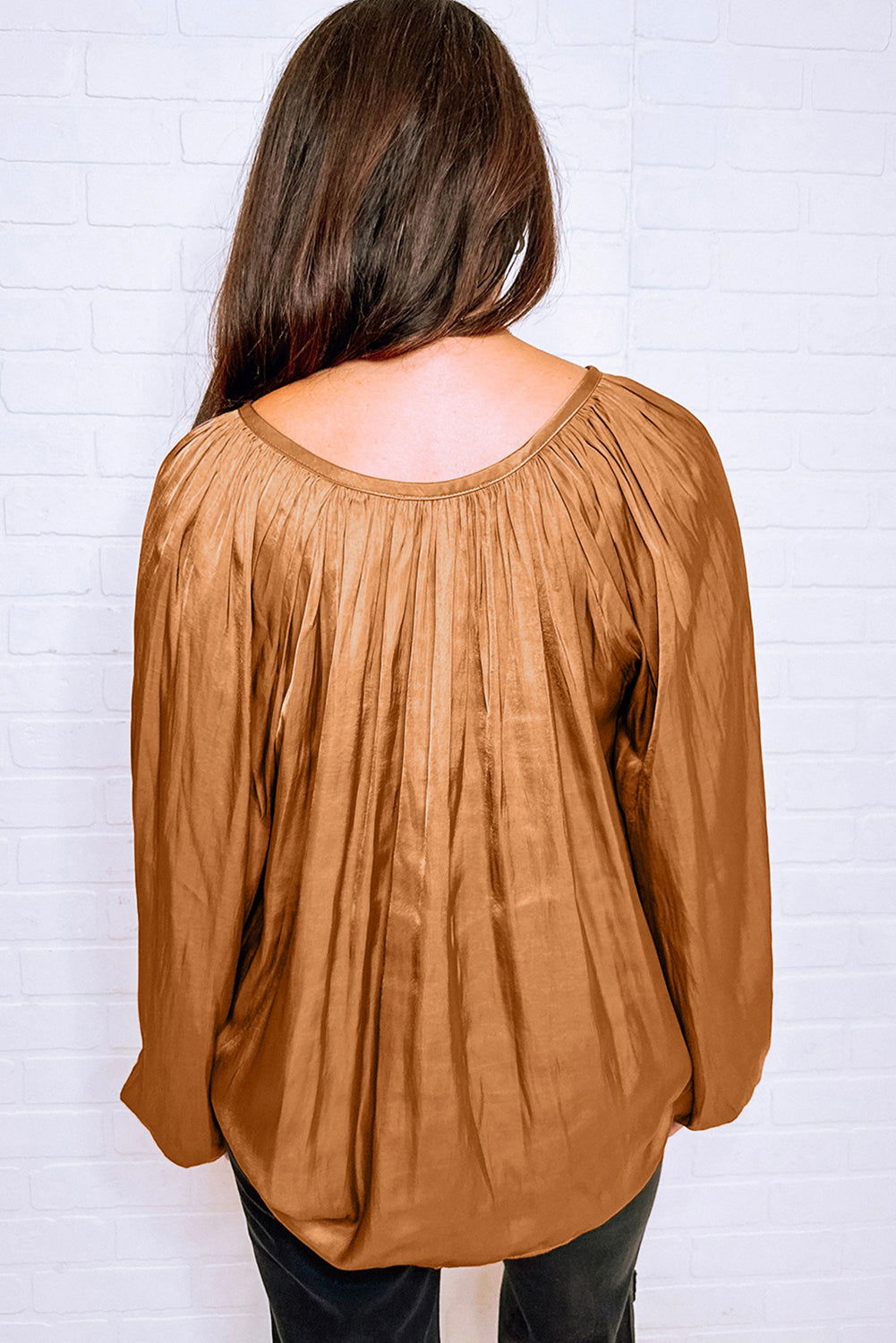 Camel V Neck Pleated Lantern Sleeve Blouse - Vesteeto