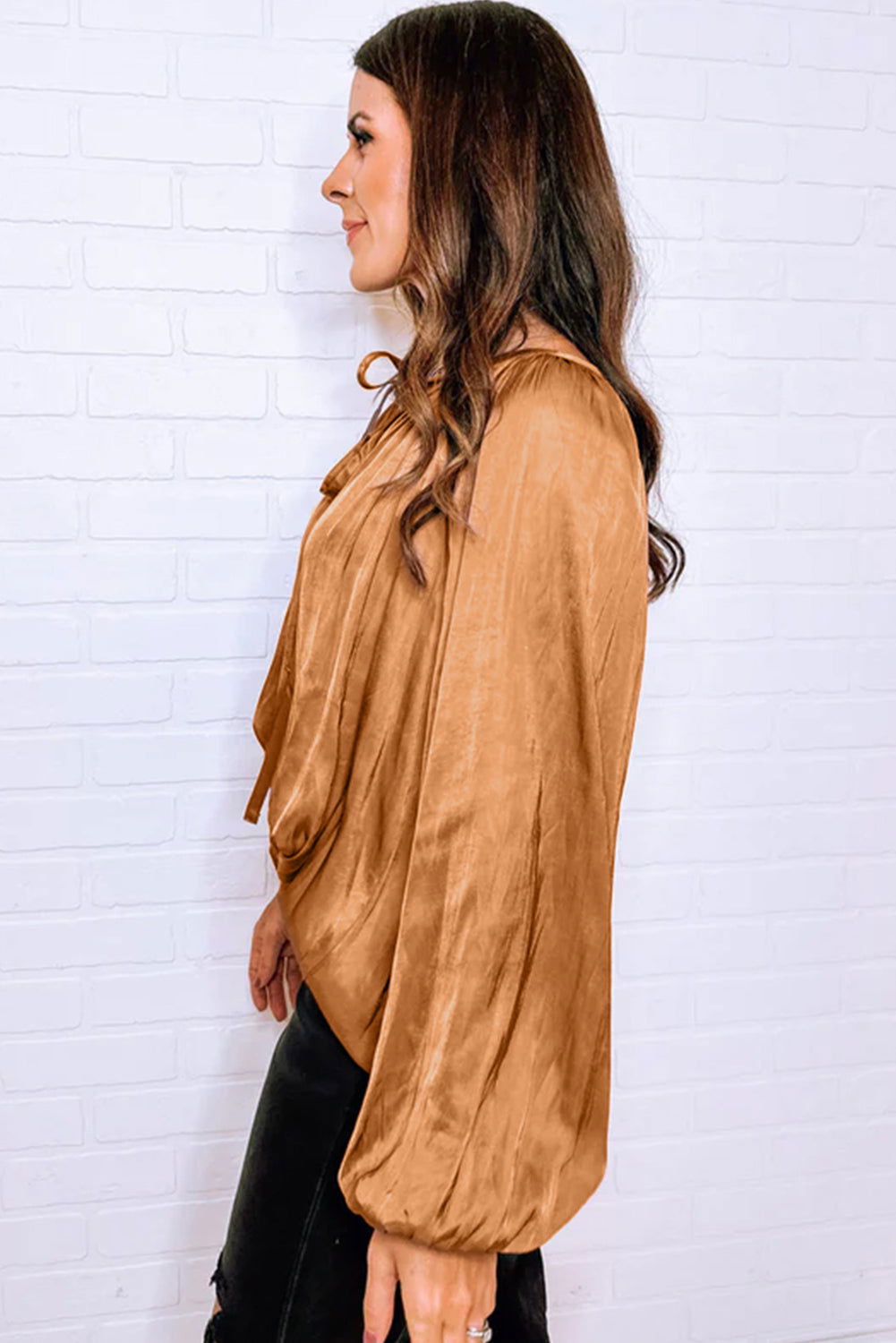 Camel V Neck Pleated Lantern Sleeve Blouse - Vesteeto