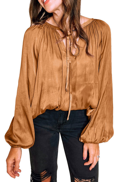 Camel V Neck Pleated Lantern Sleeve Blouse - Vesteeto