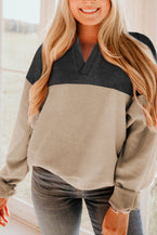 Carbon Grey Colorblock V Neck Corded Sweatshirt - Vesteeto