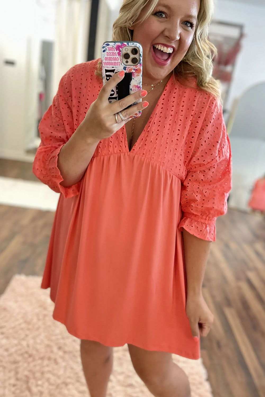 Carrot Plus Size Eyelet V Neck Babydoll Dress - Vesteeto