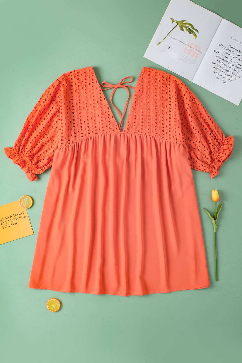 Carrot Plus Size Eyelet V Neck Babydoll Dress - Vesteeto