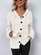 Casual Cardigan V Neck Button-Down Long Sleeve Hooded Sweater - Vesteeto