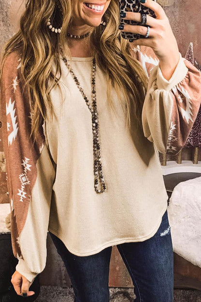 Casual Ethnic Print Patch Long Sleeve Top - Vesteeto