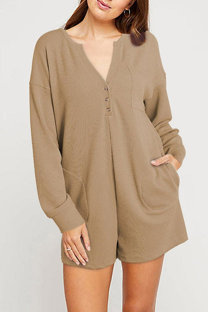 Casual Henley Pocketed Romper - Vesteeto