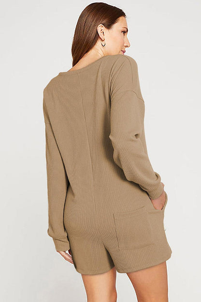 Casual Henley Pocketed Romper - Vesteeto