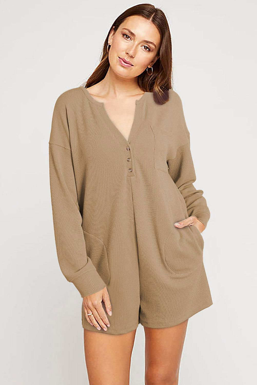 Casual Henley Pocketed Romper - Vesteeto