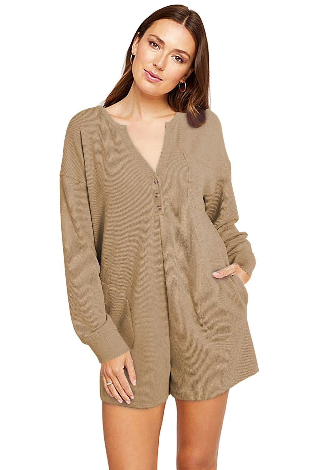 Casual Henley Pocketed Romper - Vesteeto