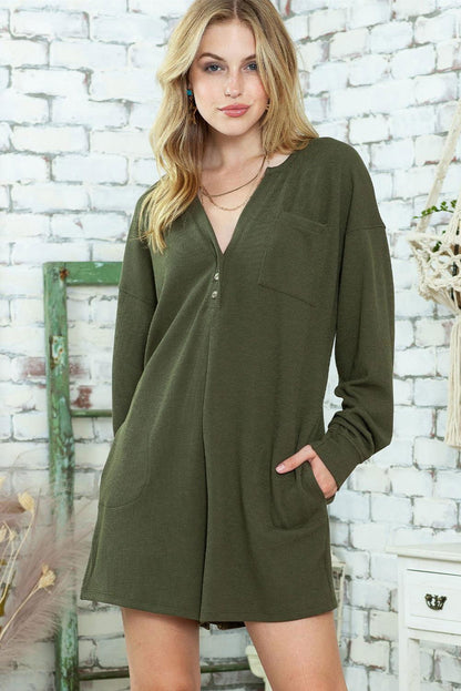 Casual Henley Pocketed Romper - Vesteeto