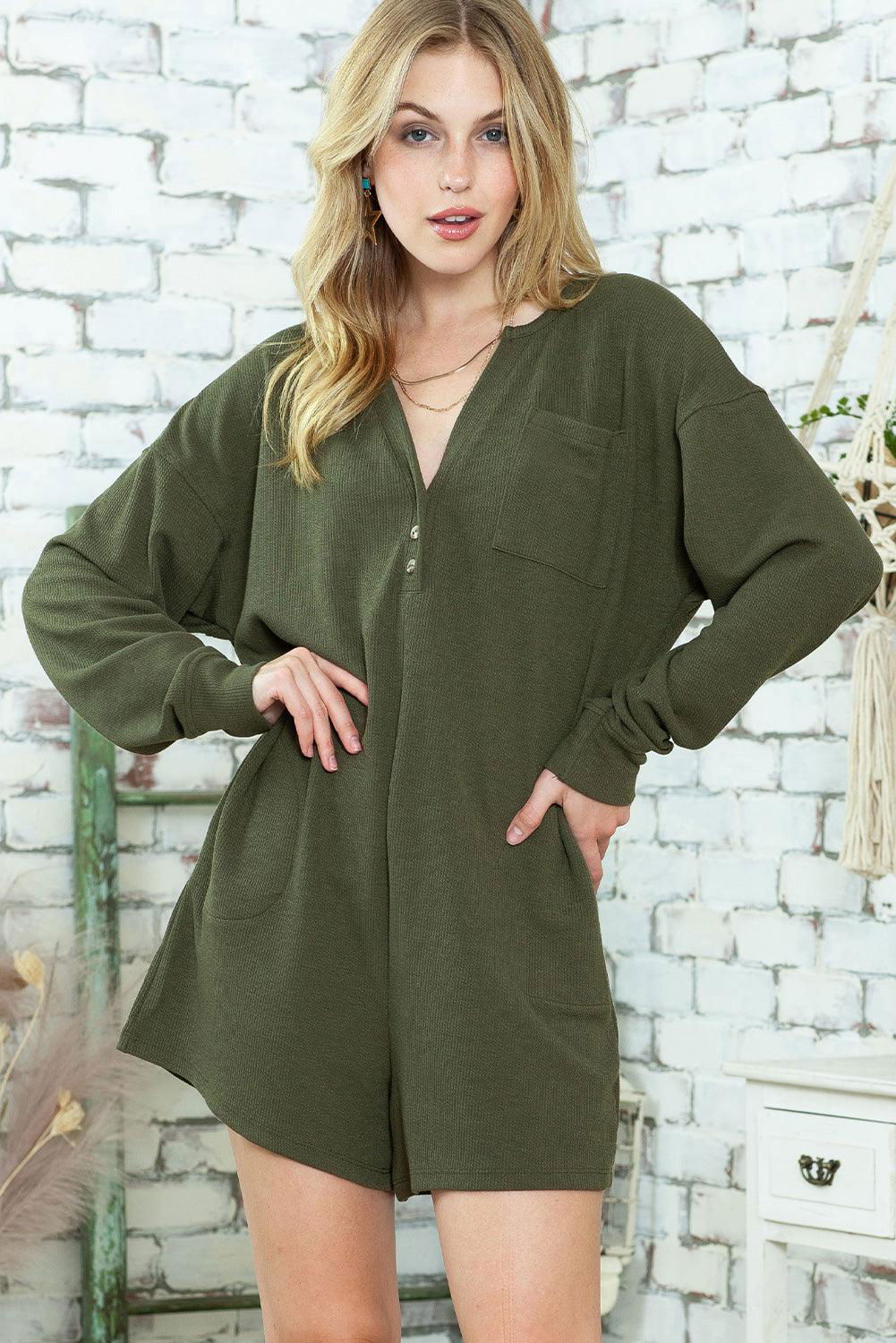 Casual Henley Pocketed Romper - Vesteeto