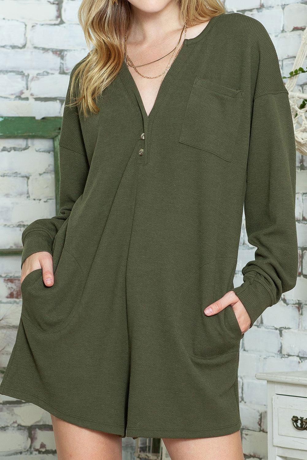 Casual Henley Pocketed Romper - Vesteeto