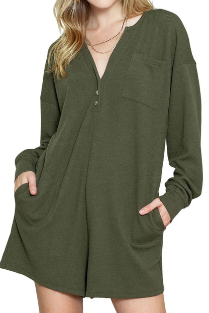 Casual Henley Pocketed Romper - Vesteeto