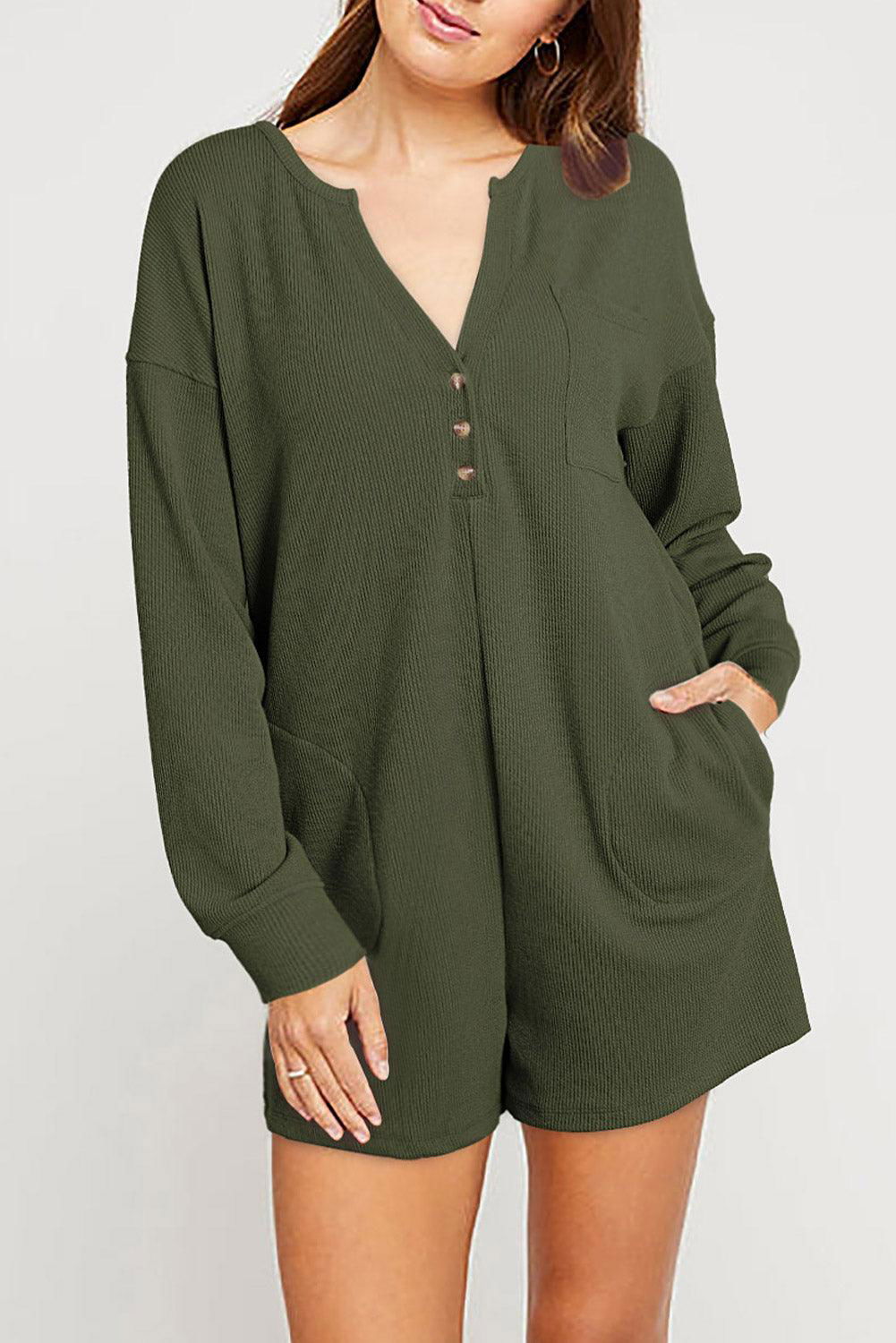 Casual Henley Pocketed Romper - Vesteeto