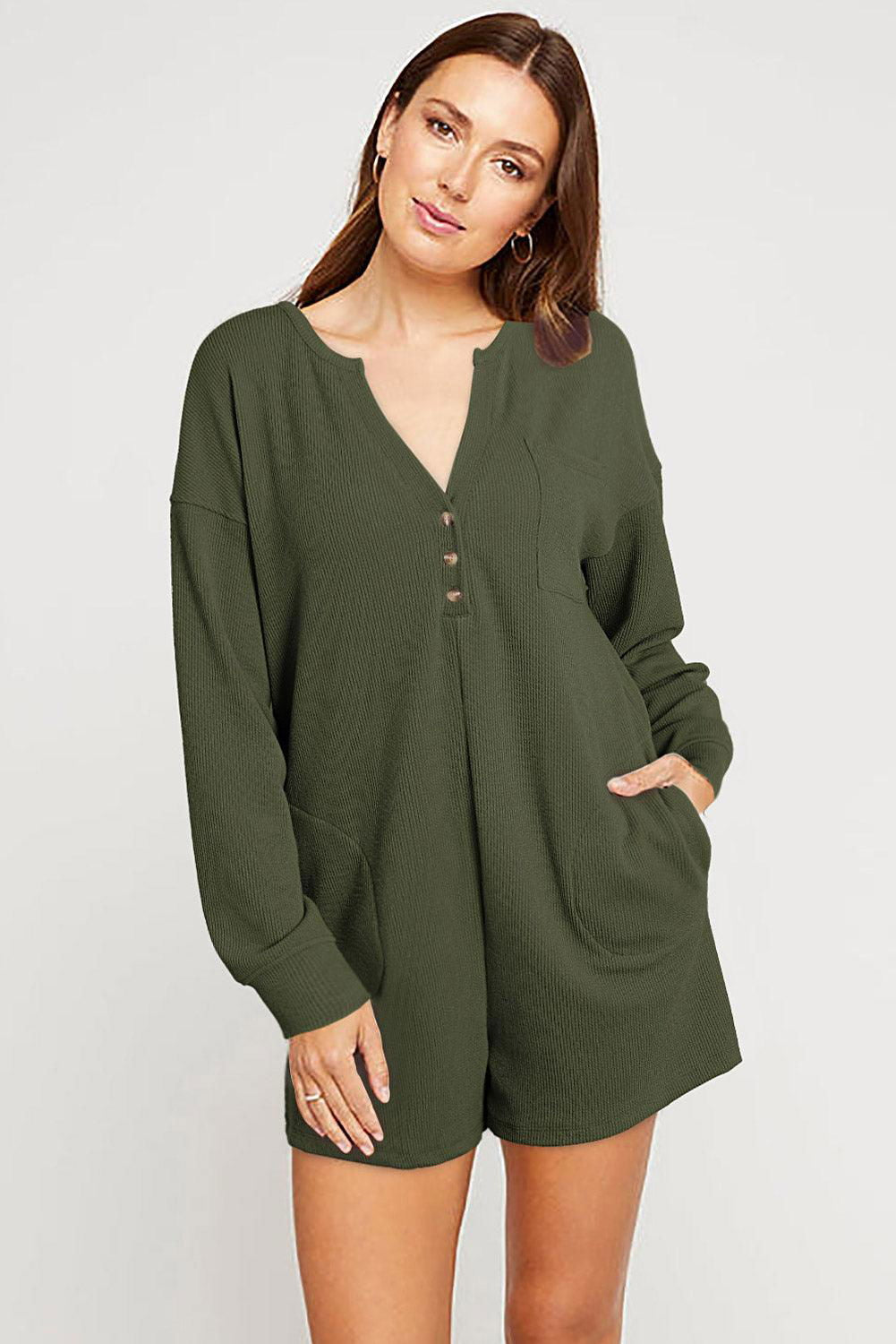 Casual Henley Pocketed Romper - Vesteeto