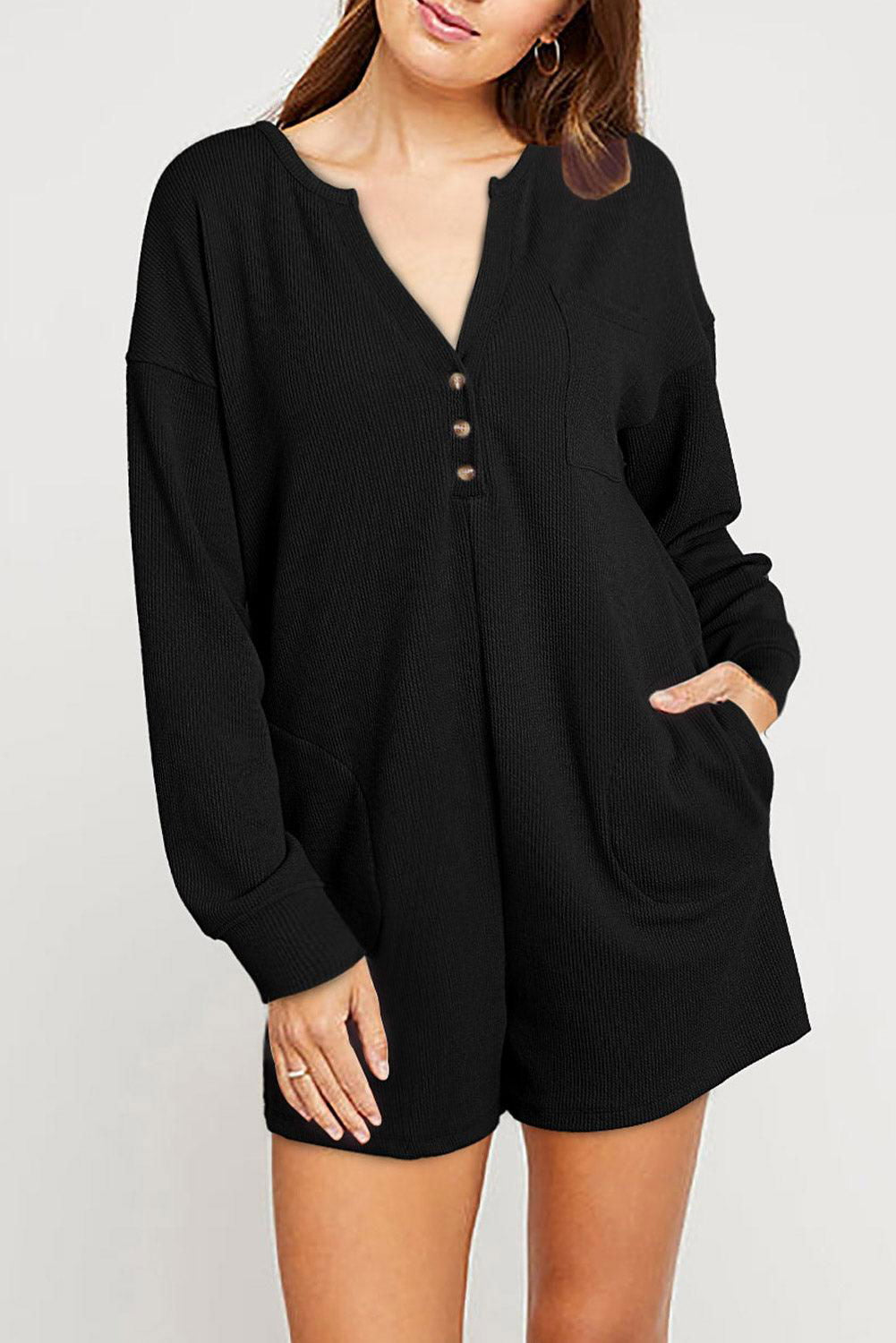 Casual Henley Pocketed Romper - Vesteeto