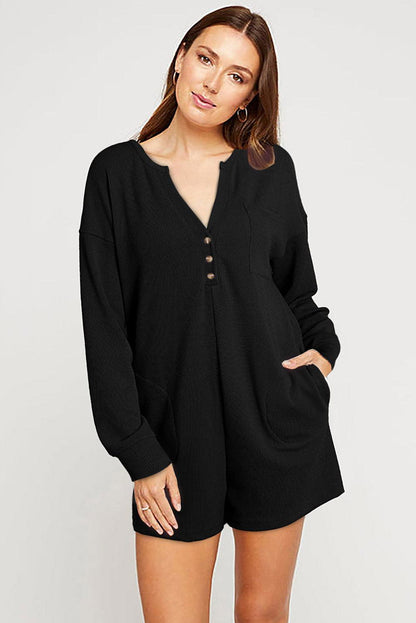 Casual Henley Pocketed Romper - Vesteeto