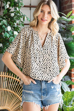 Cheetah Notch V Neck Casual Ruffle Sleeve Blouse - Vesteeto