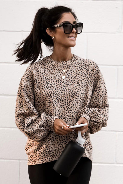 Cheetah Print Crew Neck Bishop Sleeve Sweatshirt - Vesteeto