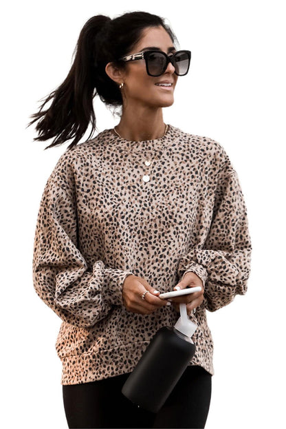 Cheetah Print Crew Neck Bishop Sleeve Sweatshirt - Vesteeto