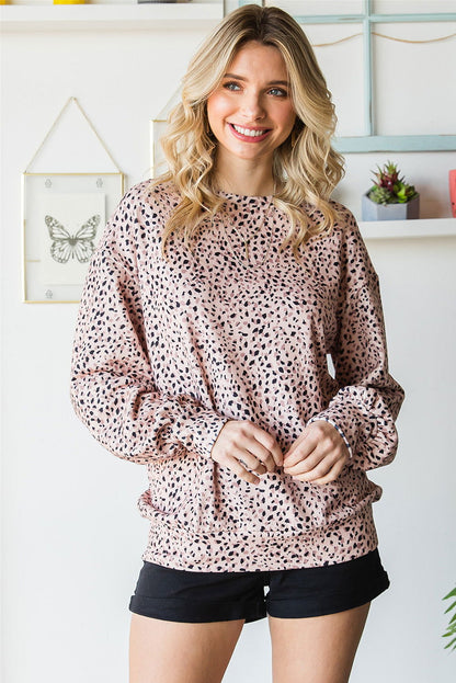 Cheetah Print Crew Neck Bishop Sleeve Sweatshirt - Vesteeto