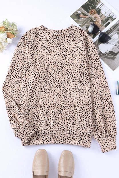 Cheetah Print Crew Neck Bishop Sleeve Sweatshirt - Vesteeto