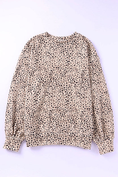 Cheetah Print Crew Neck Bishop Sleeve Sweatshirt - Vesteeto