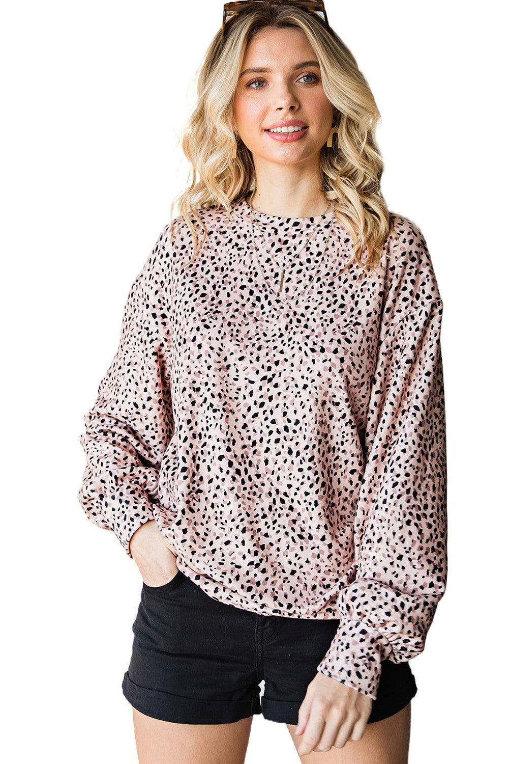 Cheetah Print Crew Neck Bishop Sleeve Sweatshirt - Vesteeto