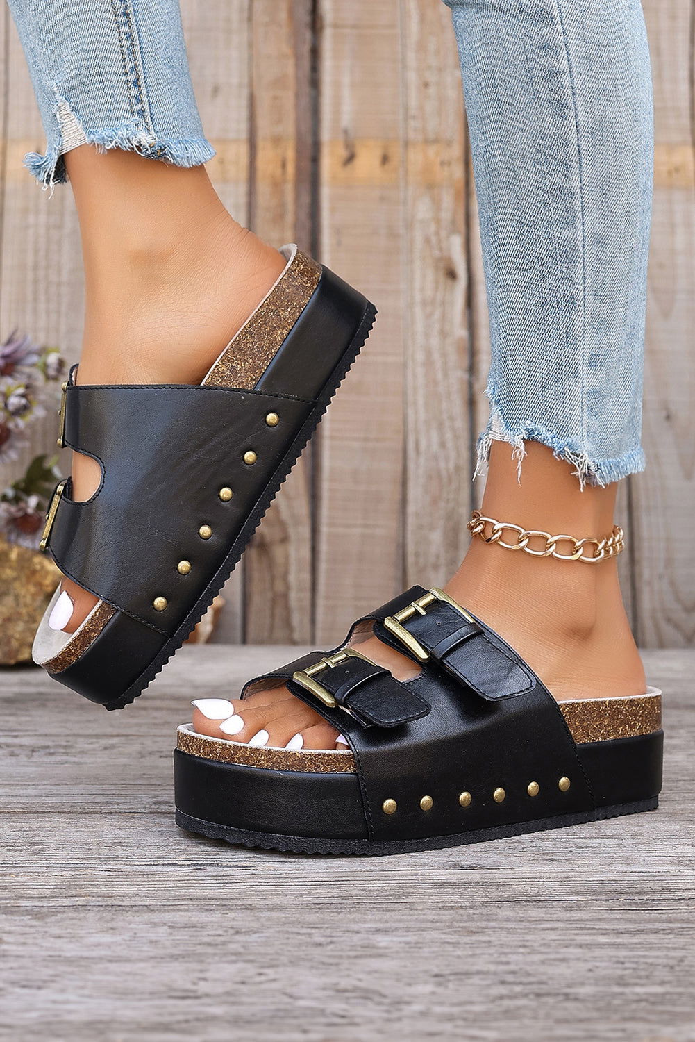 Chestnut Dual Buckle Studded Vintage Platform Slides Shoes - Vesteeto