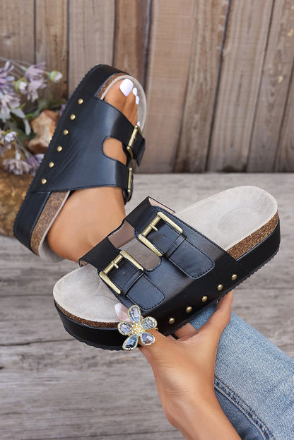 Chestnut Dual Buckle Studded Vintage Platform Slides Shoes - Vesteeto