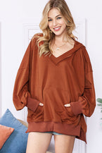 Chestnut Patchwork V-Neck Oversized Slit Hem Sweatshirt - Vesteeto