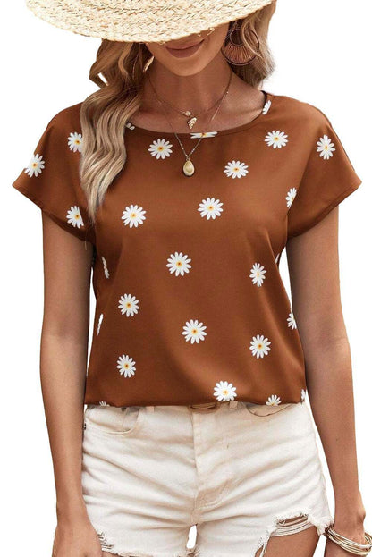 Chestnut Summer Daisy Print Batwing Sleeve Blouse - Vesteeto