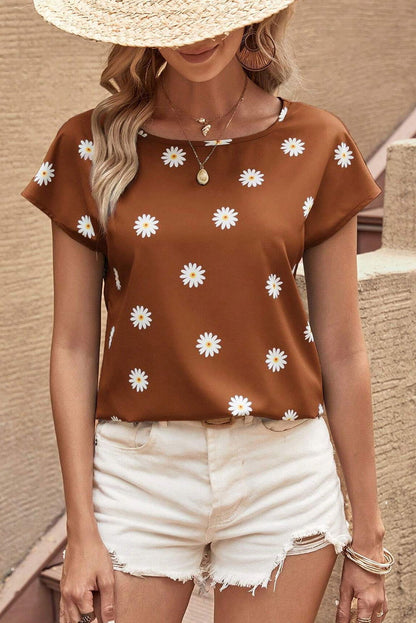 Chestnut Summer Daisy Print Batwing Sleeve Blouse - Vesteeto