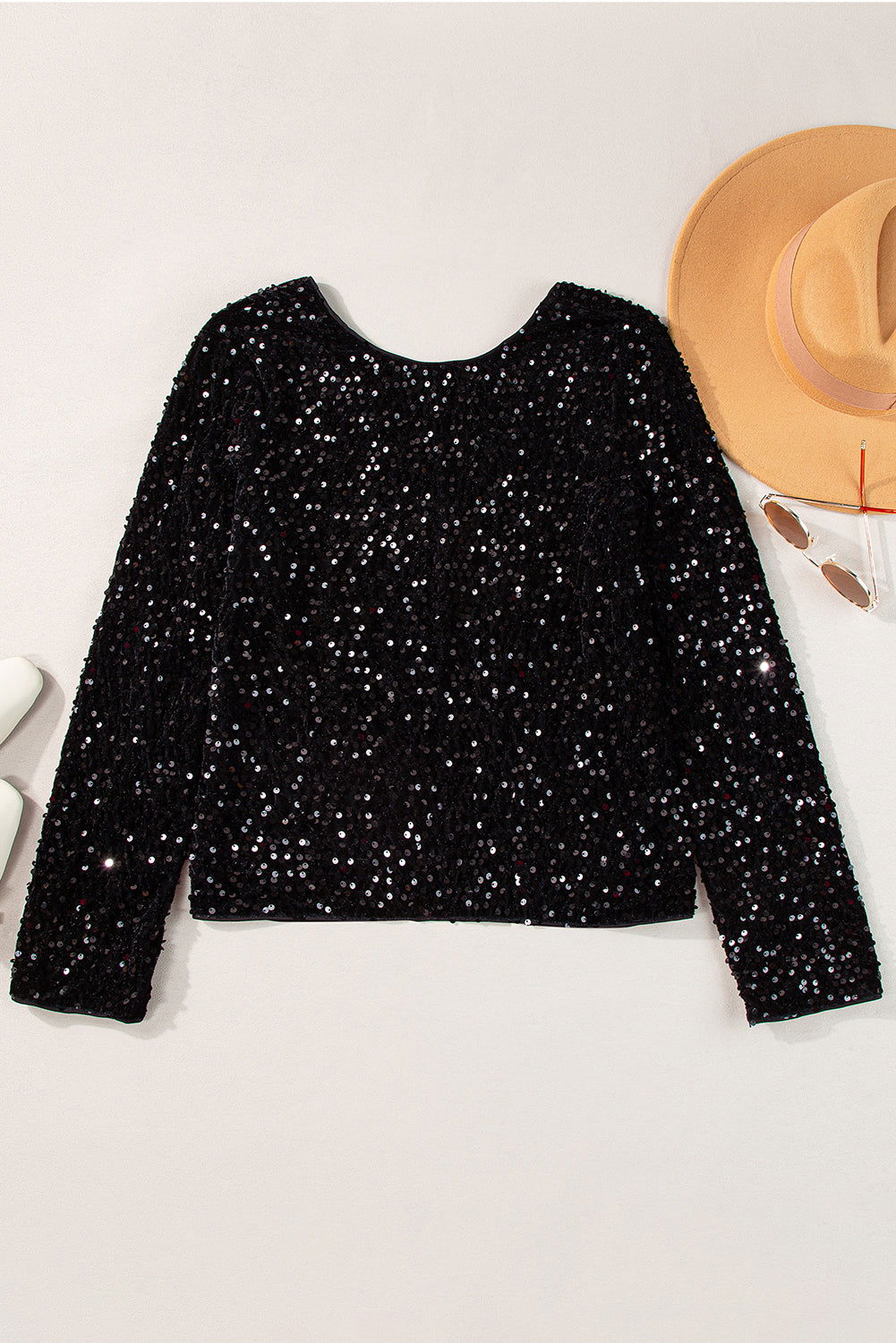 Chicory Coffee Sequin Twist Backless Long Sleeve Top - Vesteeto