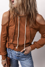 Cinnamon Exposed Seam Cold Shoulder Drawstring Hoodie - Vesteeto