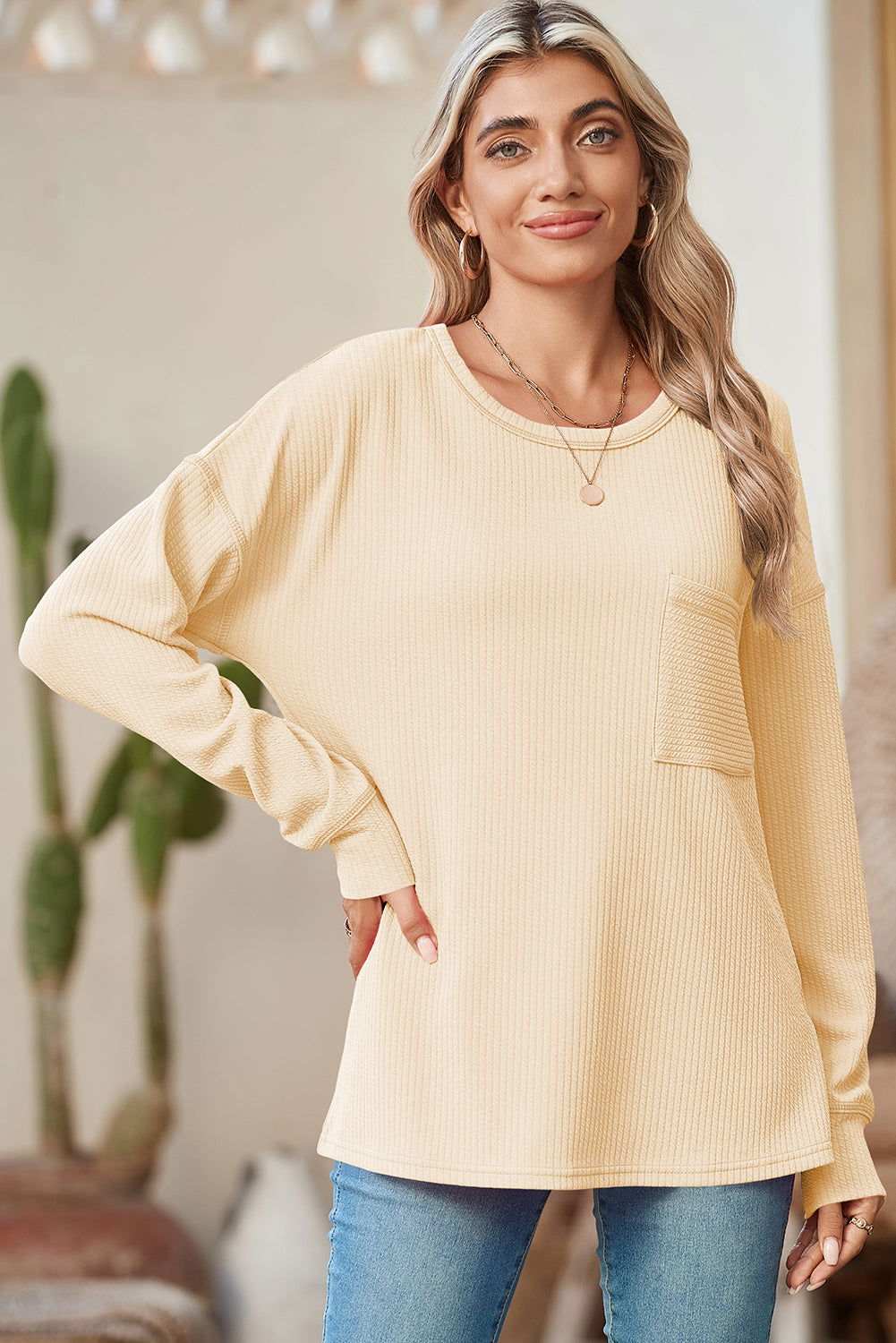 Clearly Aqua Pocketed Ribbed Long Sleeve Top - Vesteeto