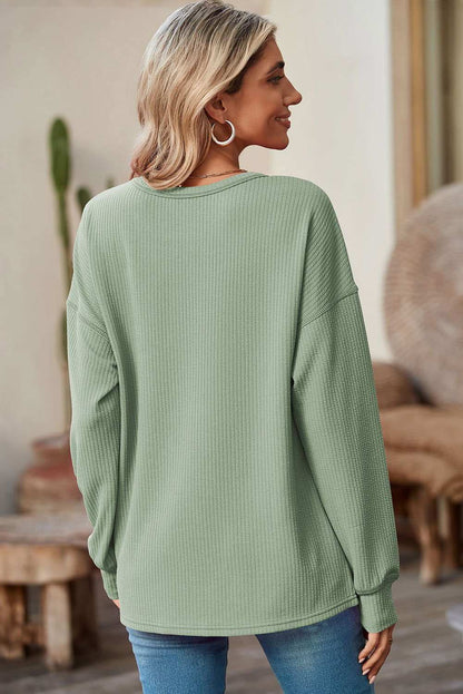 Clearly Aqua Pocketed Ribbed Long Sleeve Top - Vesteeto