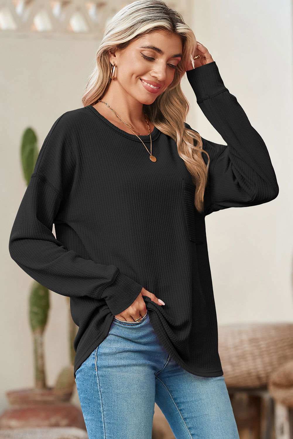 Clearly Aqua Pocketed Ribbed Long Sleeve Top - Vesteeto