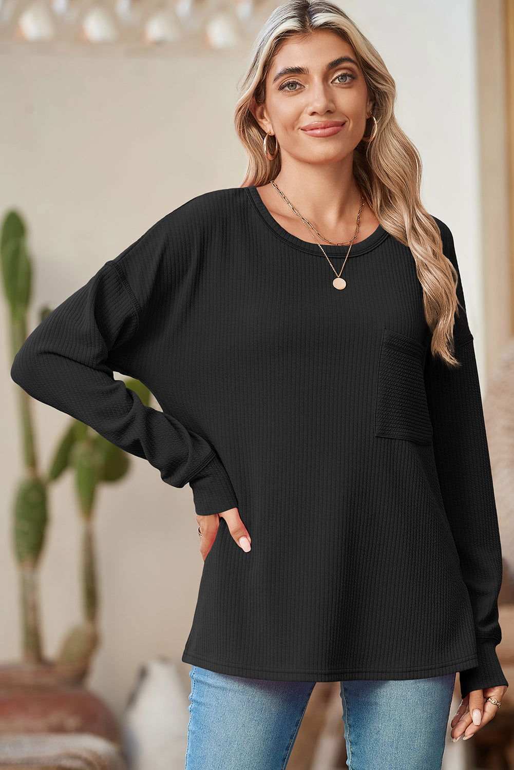 Clearly Aqua Pocketed Ribbed Long Sleeve Top - Vesteeto