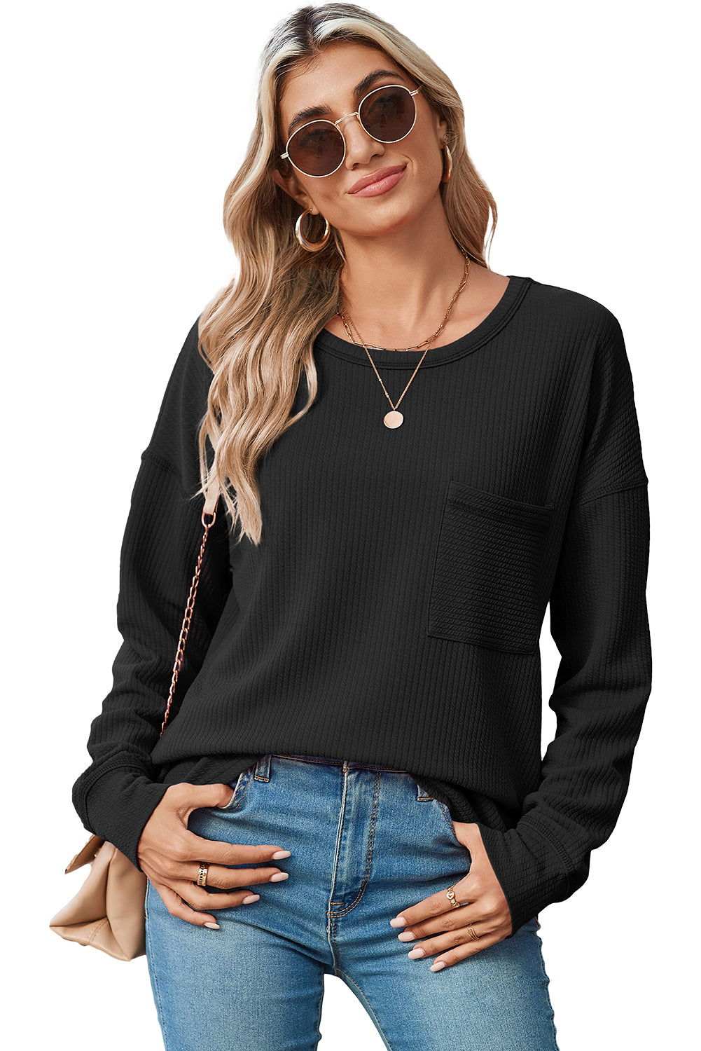 Clearly Aqua Pocketed Ribbed Long Sleeve Top - Vesteeto