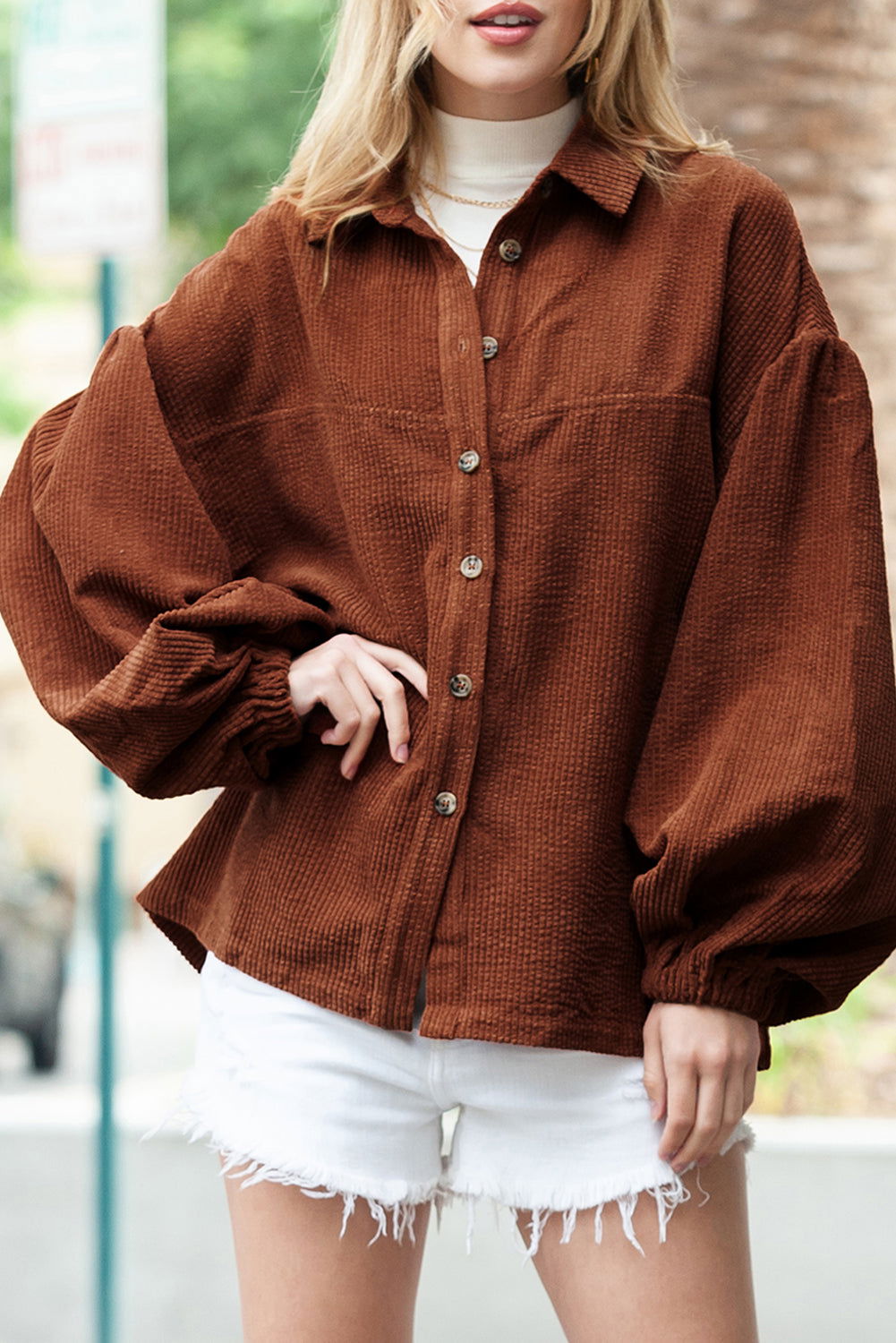 Coffee Corduroy Button Up Lantern Sleeve Jacket - Vesteeto