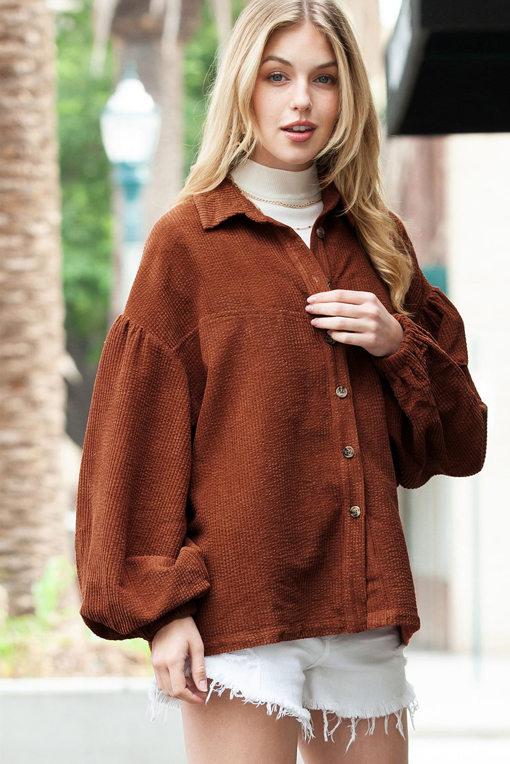 Coffee Corduroy Button Up Lantern Sleeve Jacket - Vesteeto