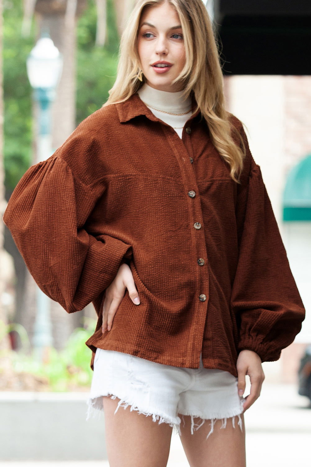 Coffee Corduroy Button Up Lantern Sleeve Jacket - Vesteeto