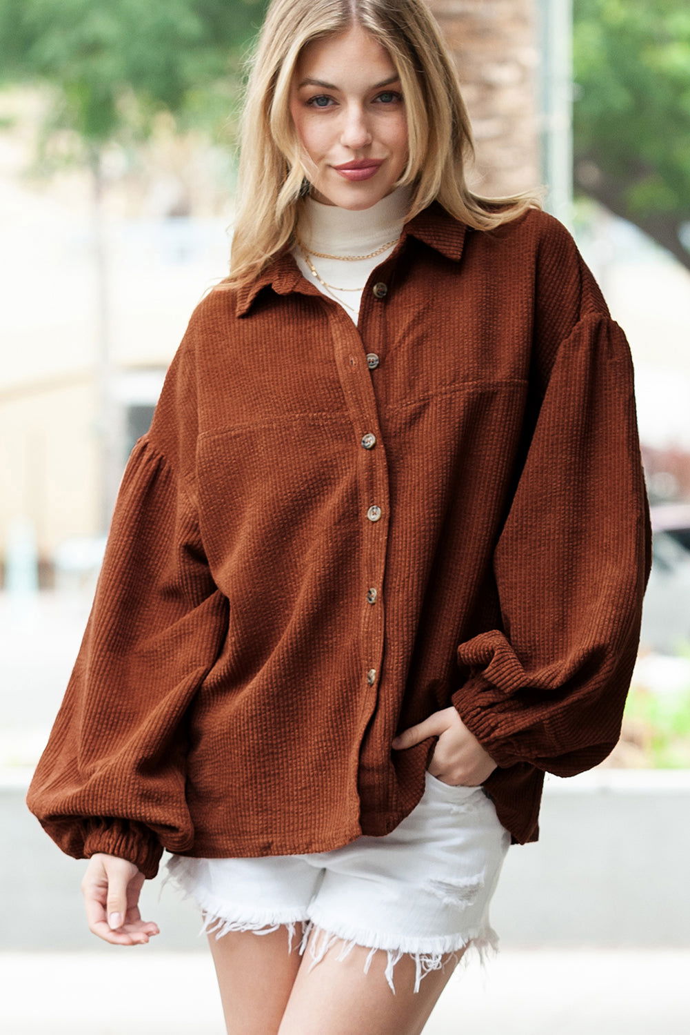 Coffee Corduroy Button Up Lantern Sleeve Jacket - Vesteeto