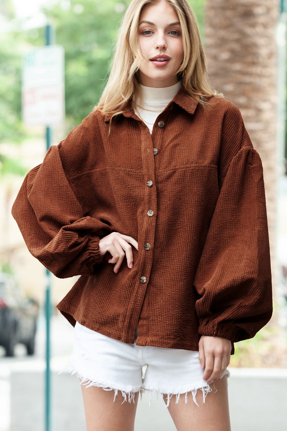 Coffee Corduroy Button Up Lantern Sleeve Jacket - Vesteeto